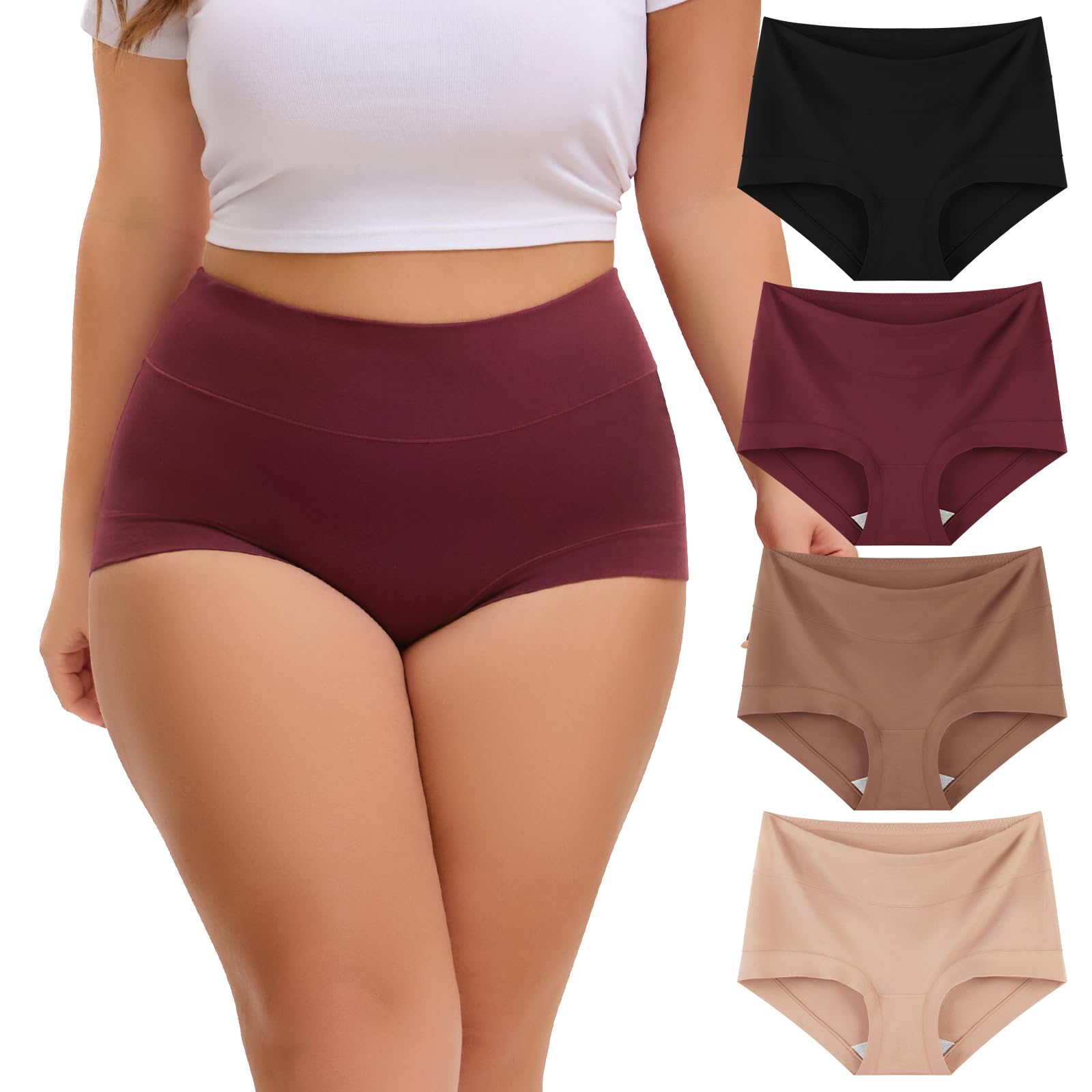 INNERSY Womens Plus Size Underwear High Waisted Full Coverage Soft Stretch Cotton Boy Shorts Panties 4-Pack