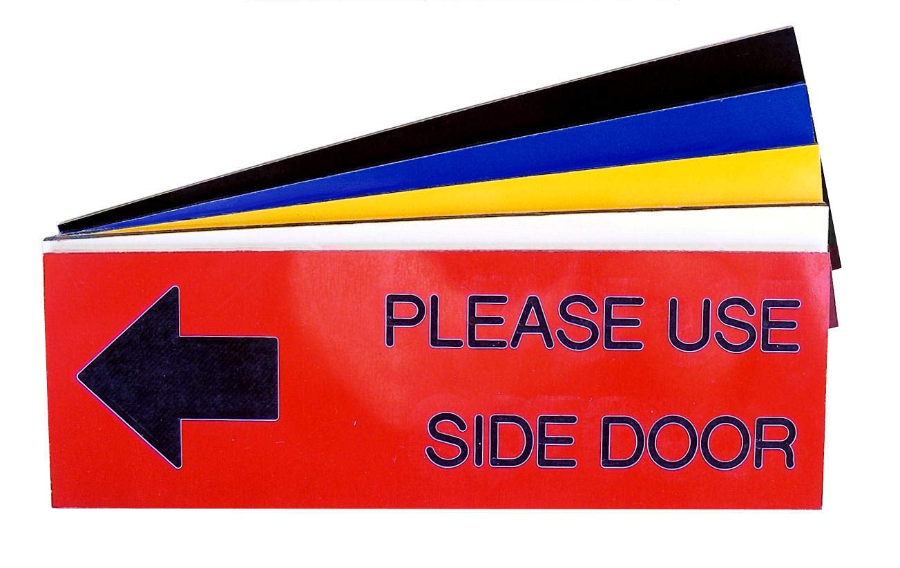 County Engraving Engraved Plaque PLEASE USE SIDE DOOR WITH ARROW, OFFICE SHOP Sign 150mm x 50mm (Yellow with Black Text)
