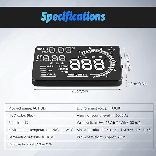 Miniatura 5 de Qiilu, 5.5 '' OBD II Parabrisas HUD con velocidad Fatiga Advertencia RPM MPH Consumo de combustible Multicolor Brillante