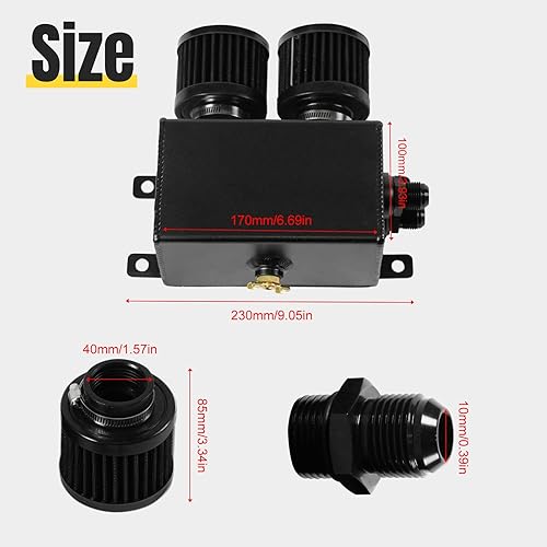 Miniatura 2 de Universal Aluminio AN10 1.2L Twin Baffle Dual Filter Motor Oil Catch Can Tanque con 2 filtros de aire Depósito de captura de aceite Tanque de lata