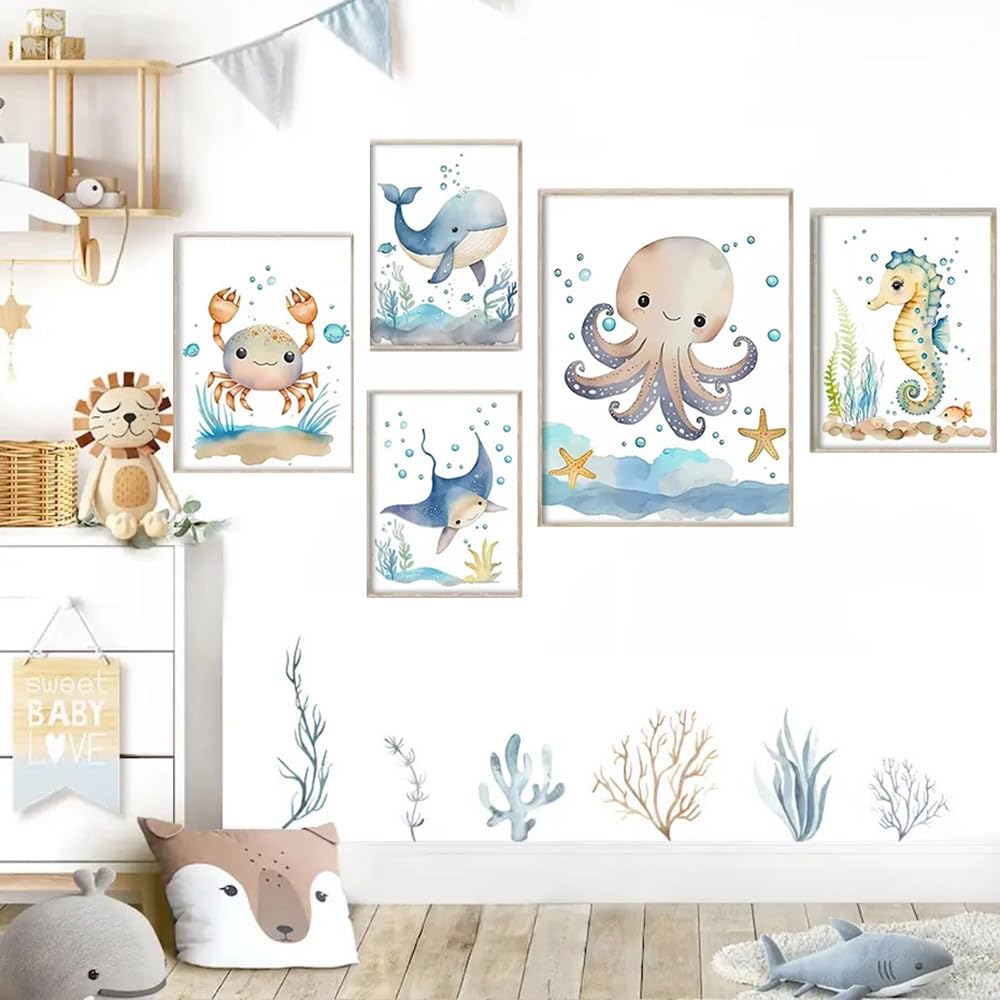 BeiYiHo Affiche Theme Mer Enfant Tableau Animaux Marins Decoration Mer Chambre Enfant Bleu Tableau Ocean Chambre Bebe Tortue Baleine Poisson Hipocampe Toile Poster Deco Marine Chambre Garcon