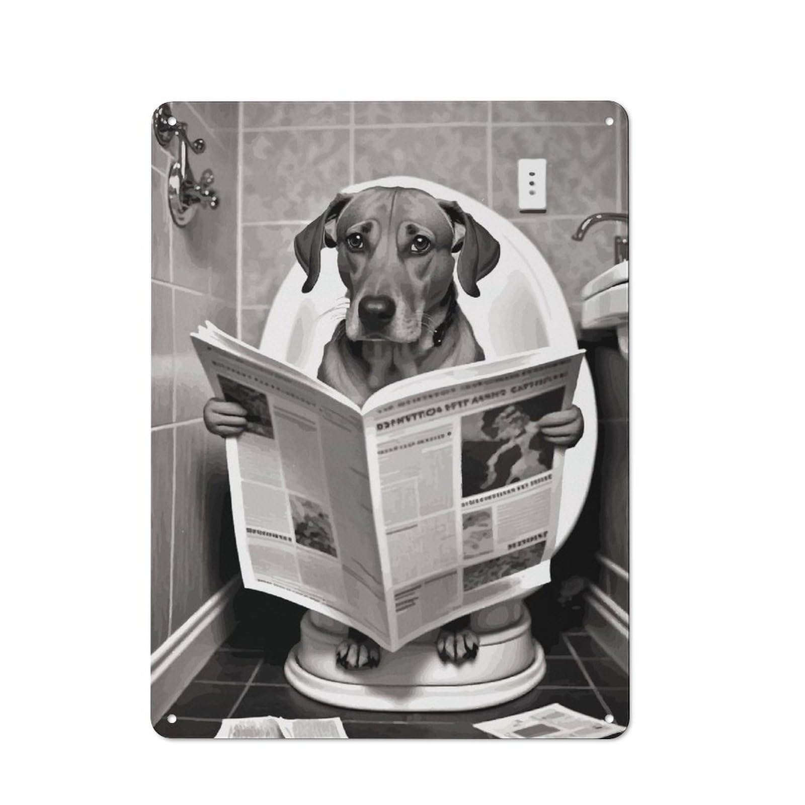 Junmoney Dog Reading Newspaper On Toilet Metal Plaque 40X30cm With For Garage Wall, Rustic Decor, For Vintage Wall Decor Fans, For Themed Room Decoration