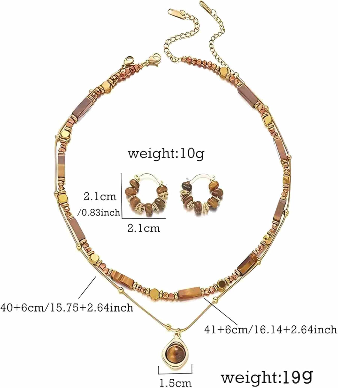 RINHOO FRIENDSHIP 18k Gold Plated Tiger Eye Necklace Earrings Set - Adjustable Layered Chunky Brown Vintage Statement Spiritual Jewelry for Women Prom Fashion Daily Gift - Image 3