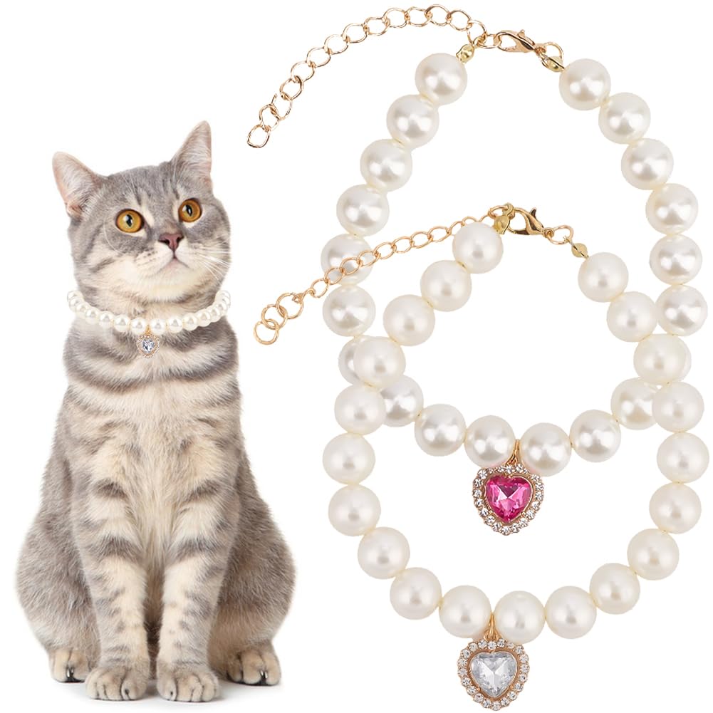 CREATCABIN 2Pcs 2 Styles Pearl Cat Collar Pet Necklace Collar Resin Imitation Pearls Beaded Adjustable Extender Necklaces with Alloy Rhinestone Heart Charm for Small Dog Jewelry Accessories 9.4 Inch