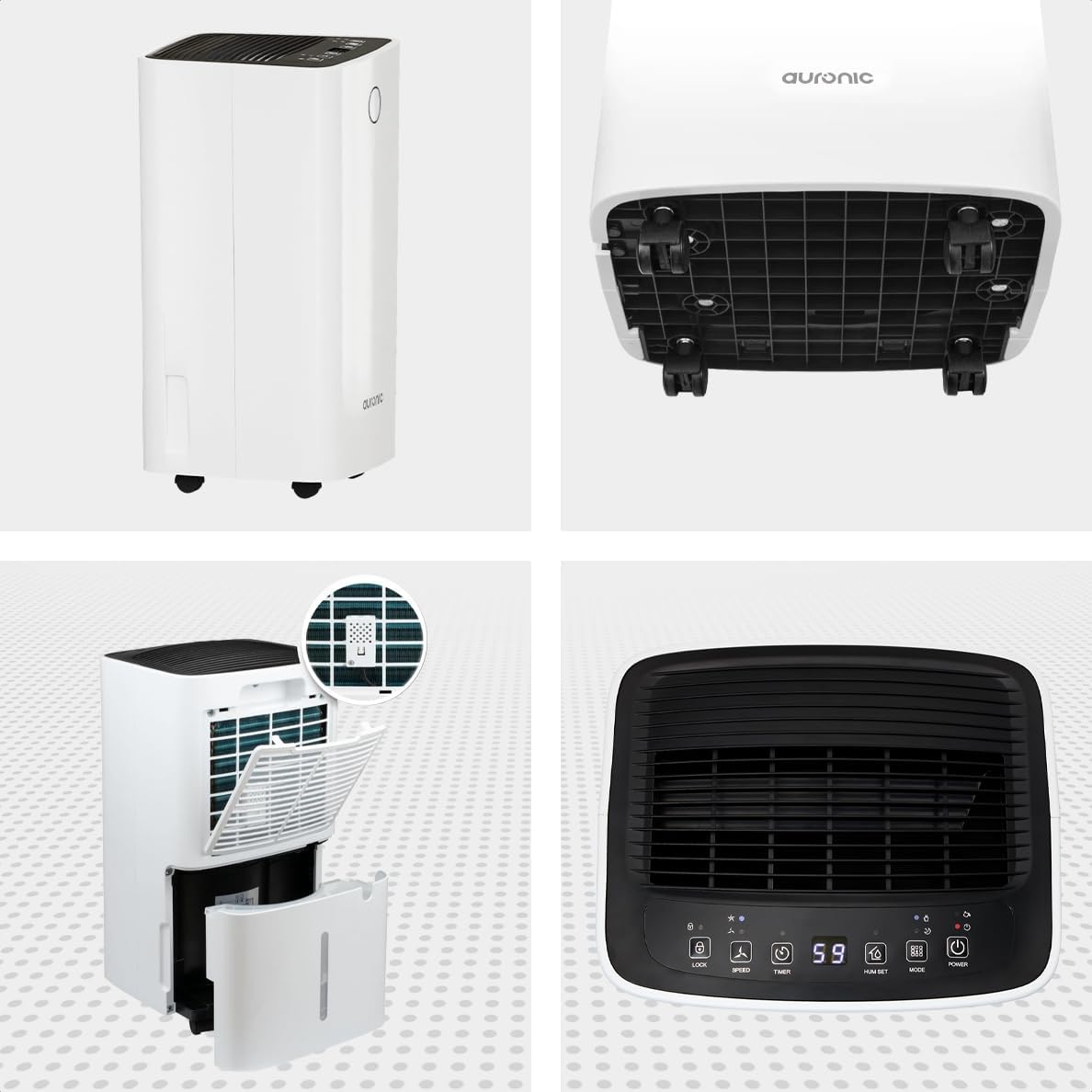Collage of four images showing different views of the dehumidifier: front, bottom with wheels, side with filter access, and top control panel.