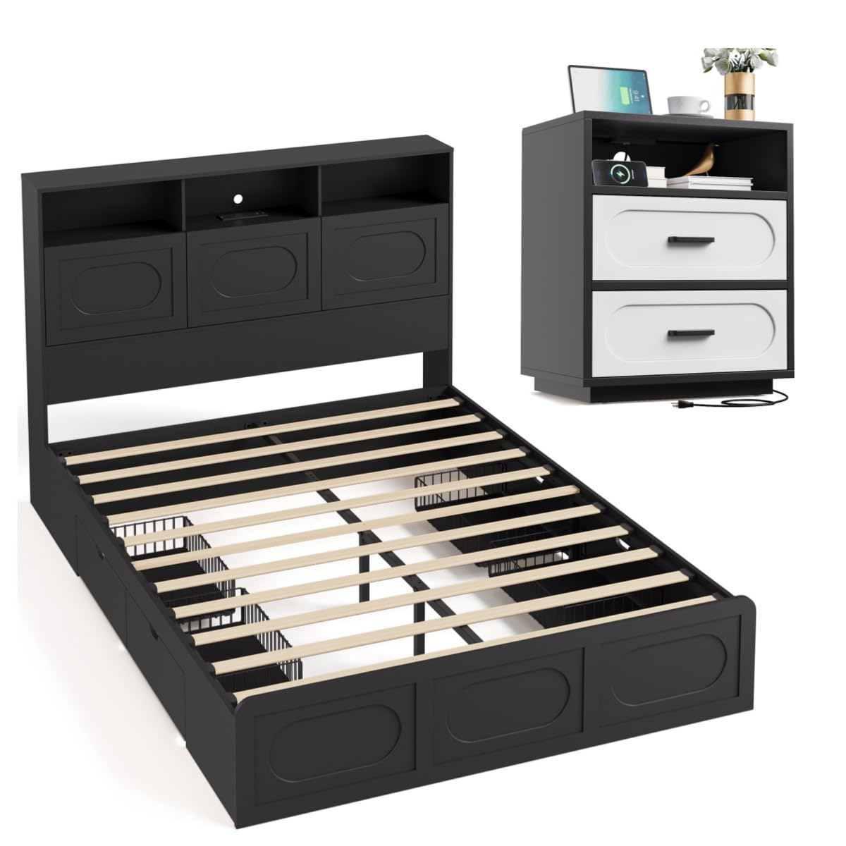 2 Pieces Bedroom Set, Queen Size Bed Frame with Storage Headboard, Nightstand with Charging Station, Black