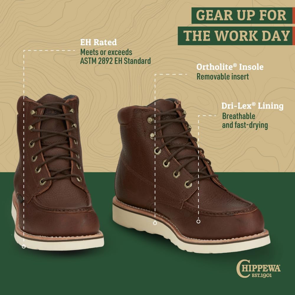 Chippewa Men's 6-Inch Leather Lace-Up Work Boots - Waterproof Wedge with Wide Toe Box - Soft Toe Design - Wide Fit Boots for Men - Lace-Up Closure for a Secure Fit - Rubber Outsole