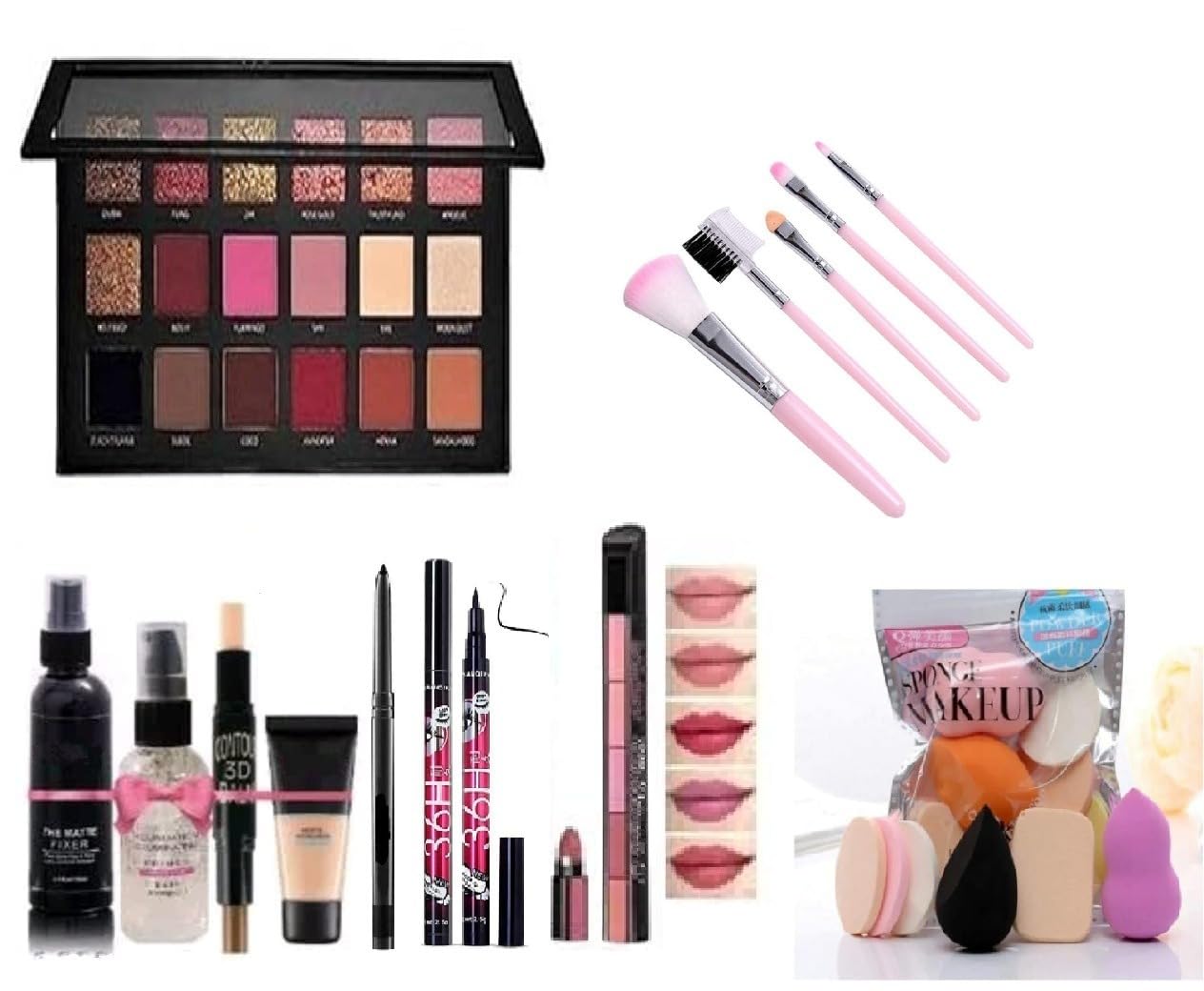 Just Tya | Professional Rose Gold Remastered Edition Eyeshadow Palette Makeup Kit Set with 5 Pink Makeup Brushes, Lipstick, Fixer, Primer, Contour, Foundation, 36H Eyeliner, Kajal Pencil and 6 in 1 Makeup Sponges, Complete Beauty Collection (Pack of 19)-image-30