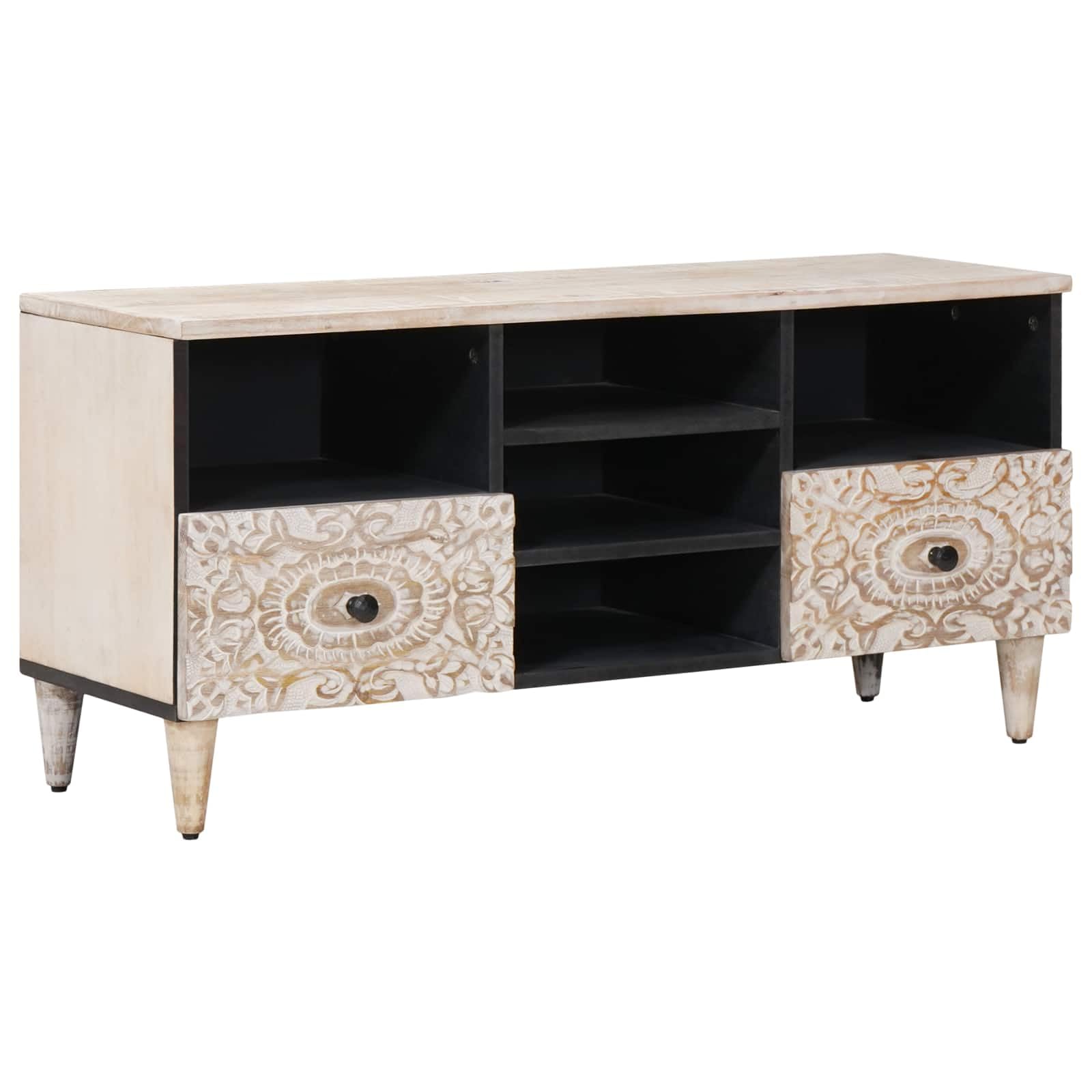 Meuble TV blanc 100 cm manguier massif pour rangement de salon
