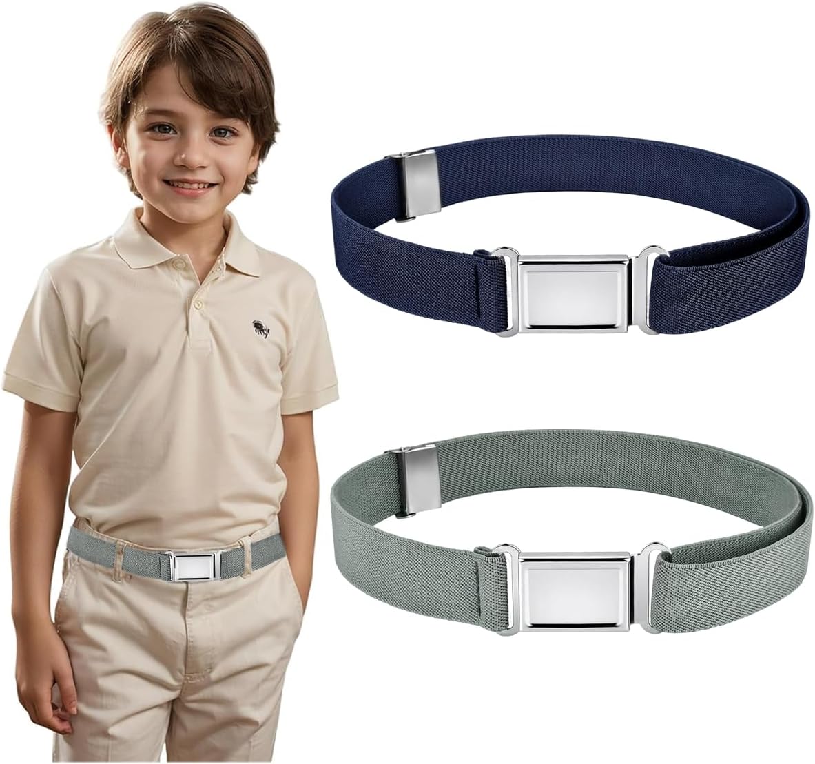 HANNEA® 2Pcs Belt for Kids, Stretch Kids Belt for Boys Girls, Adjustable Silver Buckle Waist Belt, Elastic Child Toddler Belt, Grey & Navy Blue