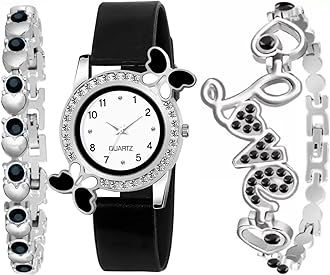 Acnos White Dial Diamond Pink Analog Watch Love Heart Diamond Bracelet for Girls Best Design Butterfly Combo 3 Pack of 3