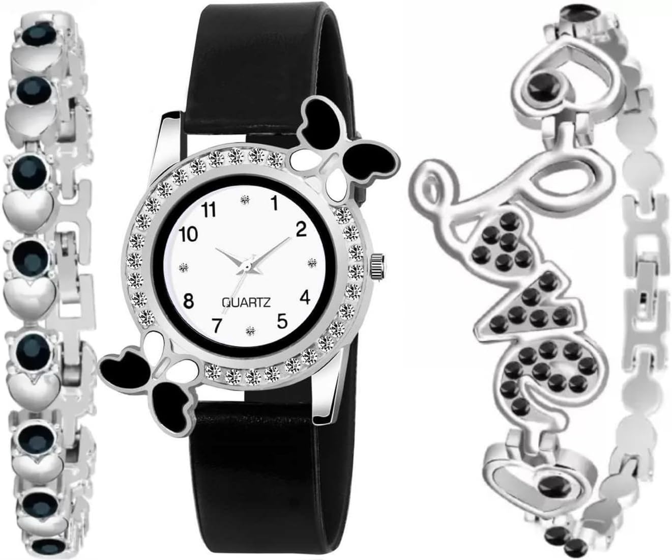 Acnos White Dial Diamond Pink Analog Watch Love Heart Diamond Bracelet for Girls Best Design Butterfly Combo 3 Pack of 3
