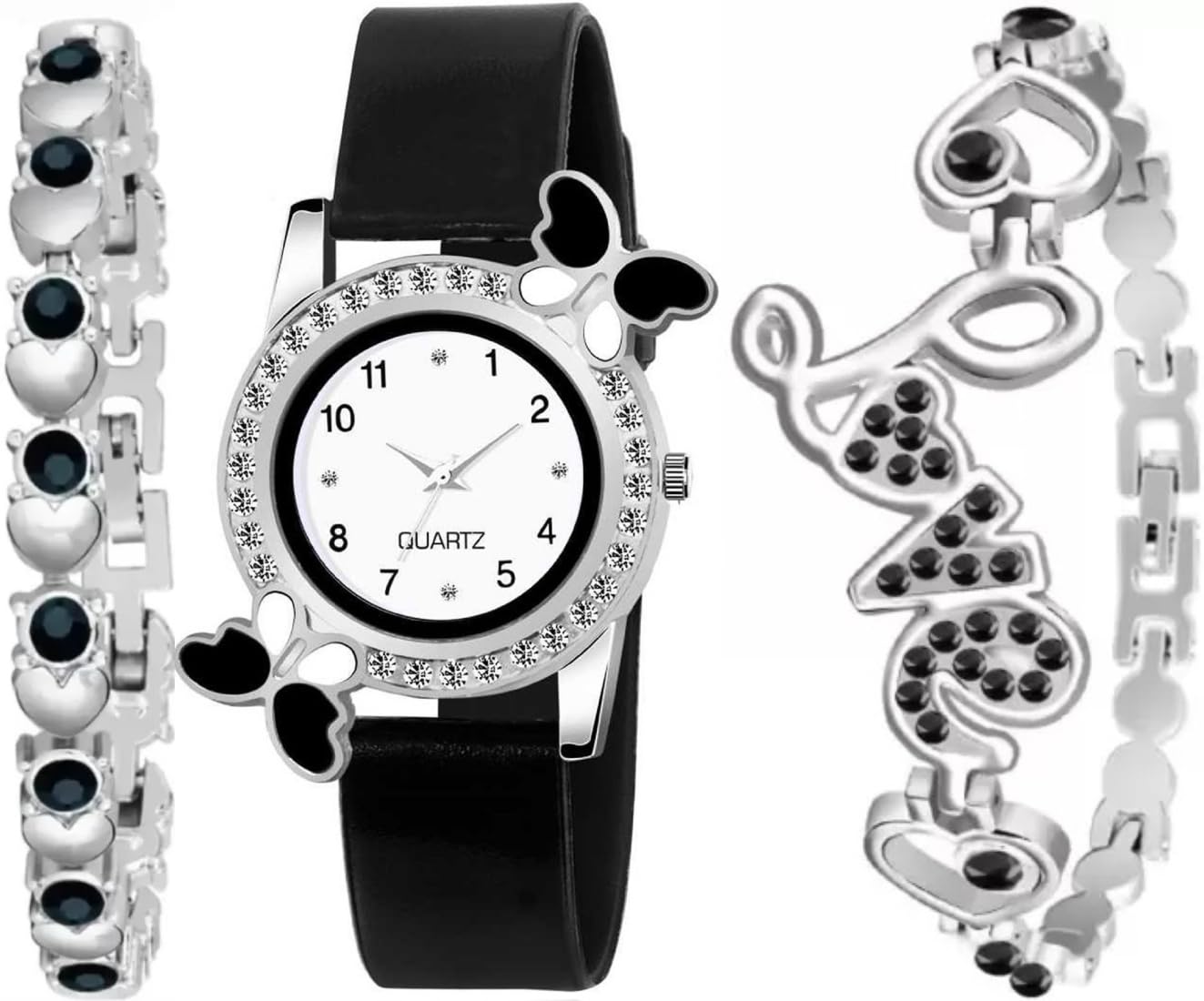 AcnosWhite Dial Diamond Pink Analog Watch Love Heart Diamond Bracelet for Girls Best Design Butterfly Combo 3 Pack of 3