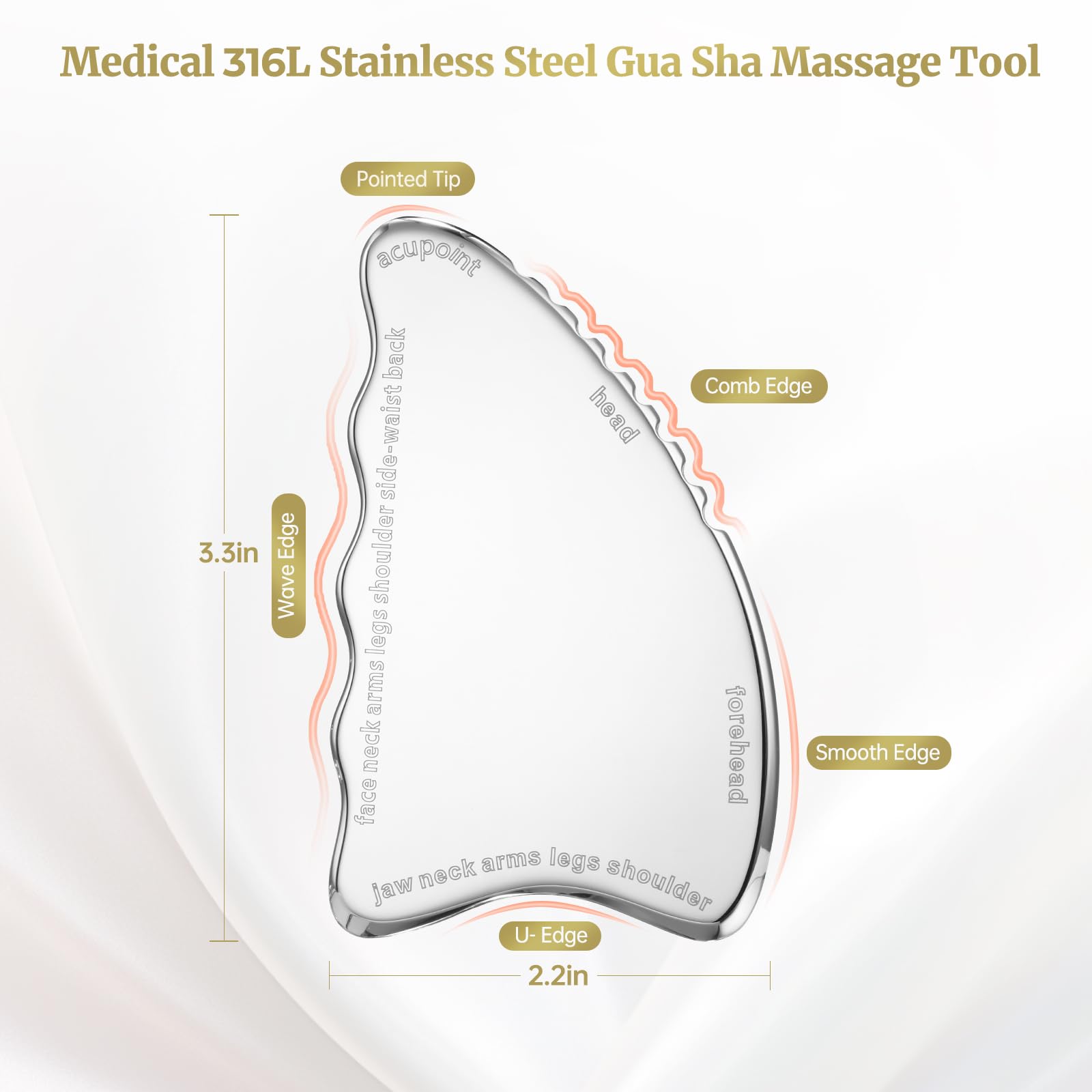 Gua Sha, strumento medico per il viso, pettine Gua Sha in acciaio inossidabile 316L per viso e corpo, strumento di massaggio Gua Sha per terapia tradizionale di agopuntura, strumento