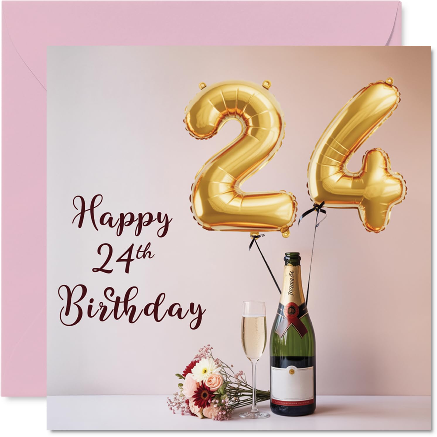 24th Birthday Cards for Women and Men, Balloons & A Bottle of Bubbly