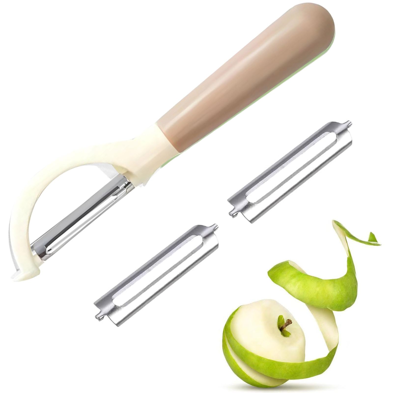 Schwenkbarer Schäler mit 2 Klingen für Obst und Gemüse Edelstahlklinge mit rutschfestem Griff Praktisches Küchenwerkzeug für Kartoffeln und Äpfel (Khaki)