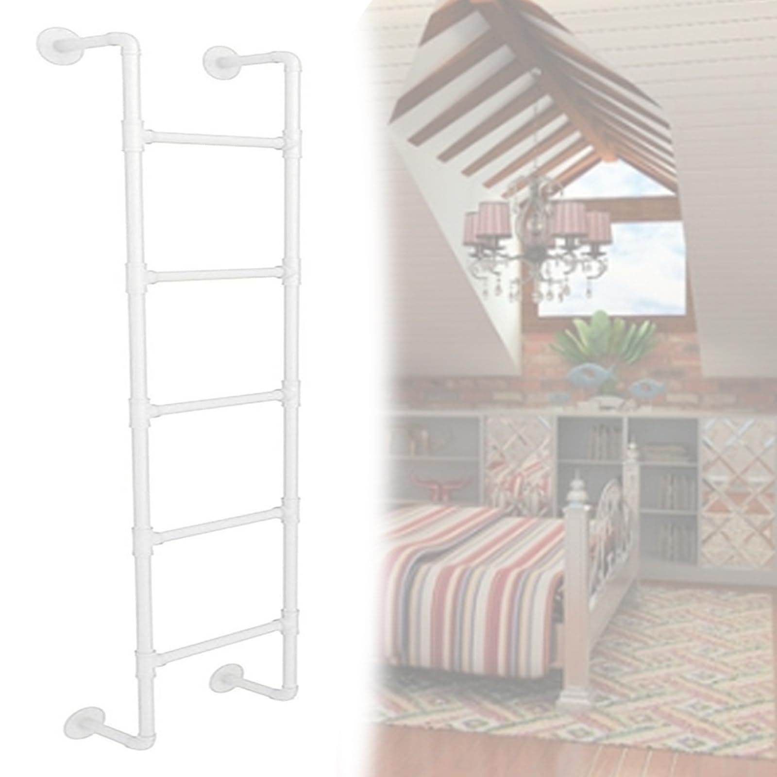 Escalera de Salida de Pared de Hierro Forjado Blanco para ático, litera, Escalera de 150-250 cm para sótano, ático, litera, Autocaravana, terraza, Dormitorio,180cm