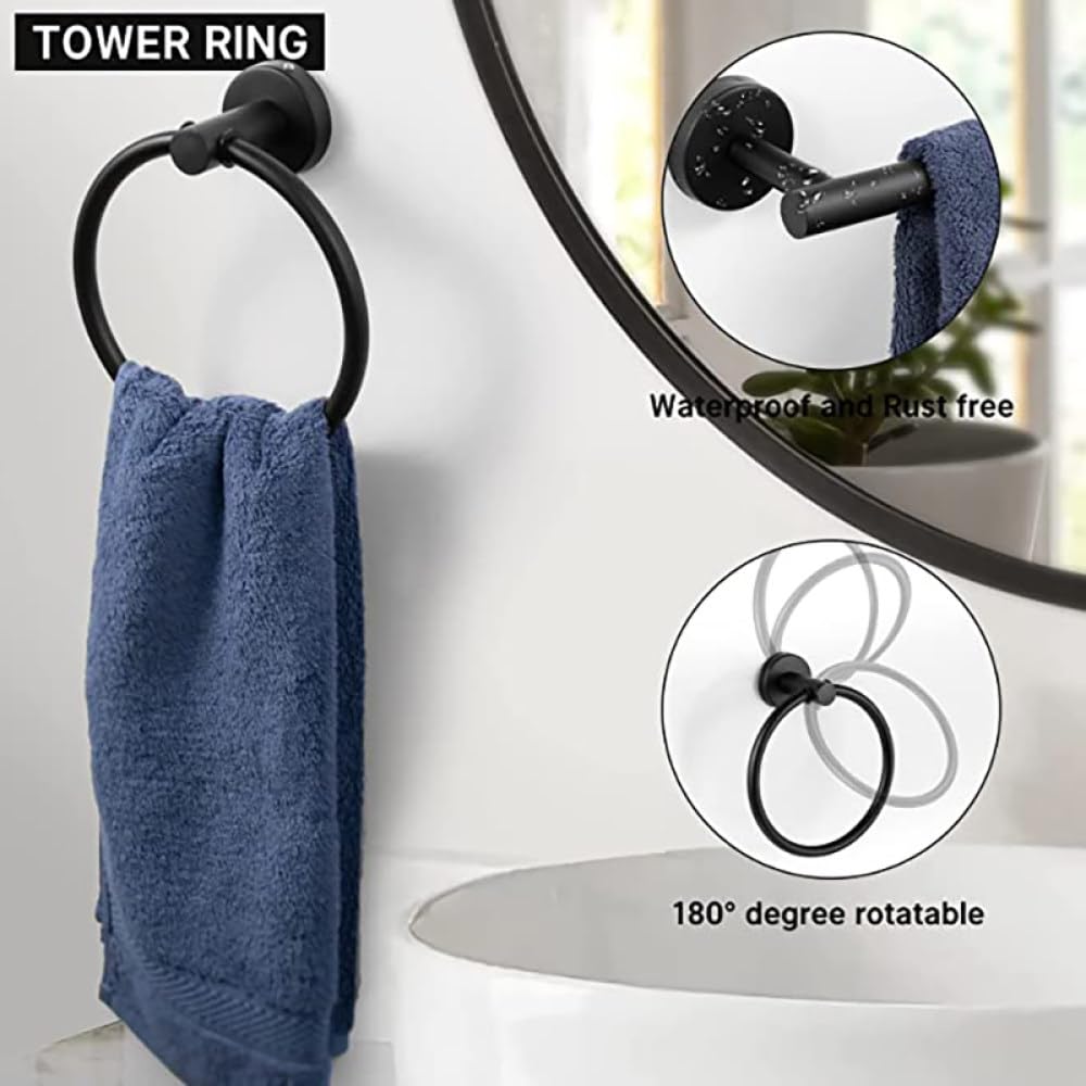 Mattschwarzes Badezimmer-Set Aus Edelstahl – Toilettenpapierhalter, Handtuchring & 2 Haken, Wandmontiert