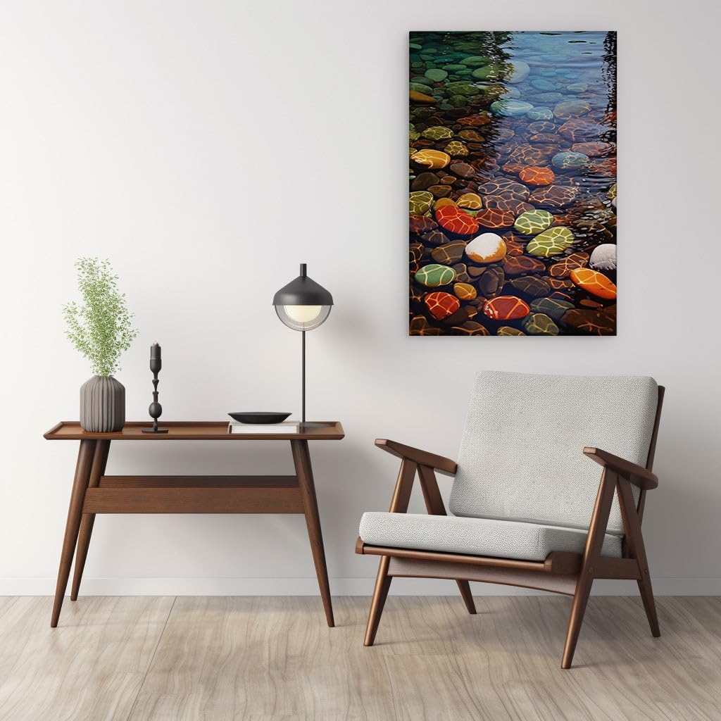 Canvas for Living room. Riverside Serenity: A Vivid Tapestry of Multicolored Stones and Glistening Waters, 27 x 18 inch Canvas Wall Art - Contemporary Masterpieces - Modern Home Decor