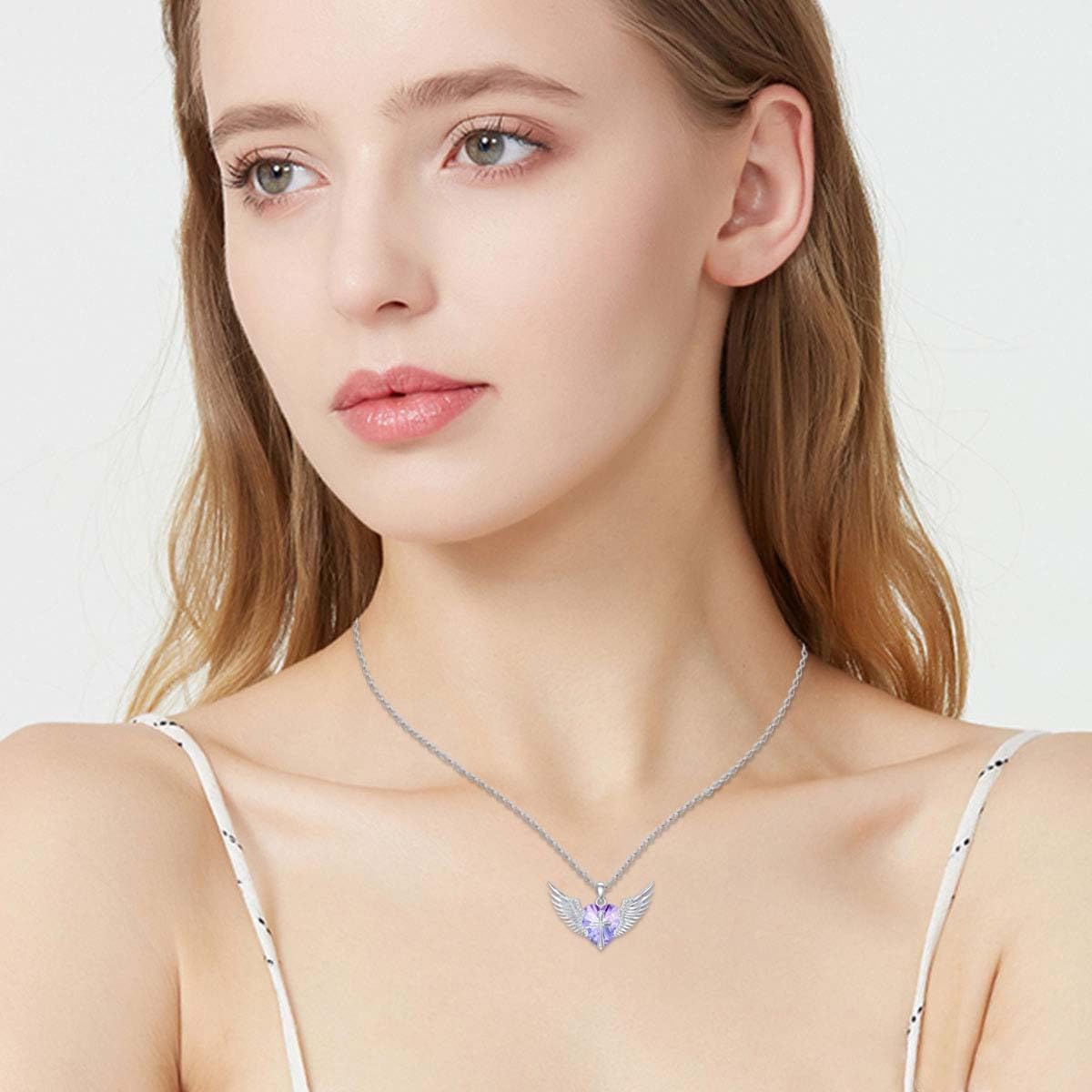 Angel Wings Necklace with Cross 925 Sterling Silver Guardian Angel Wings Pendant with Birthstone Necklace Valentine's Day Anniversary Birthday Angel Jewelry Gifts for Women