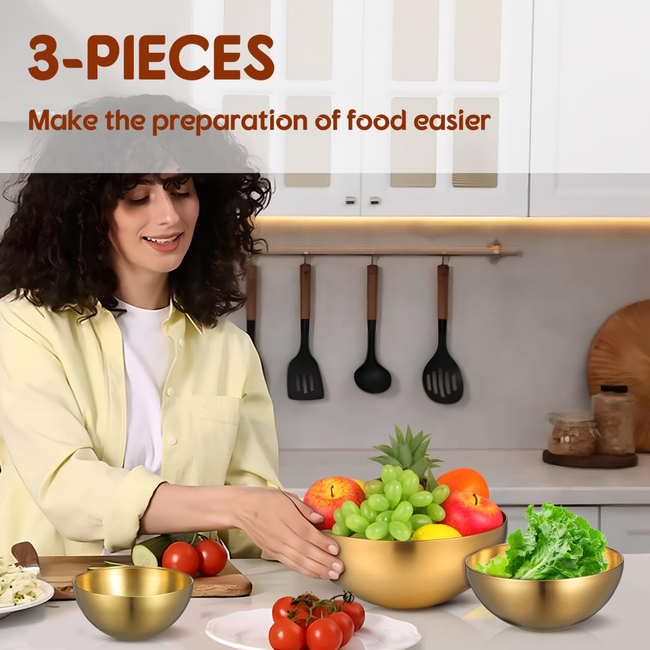 Rührschüssel, Salatschüssel, Müslischalen, Küchenutensilien, Salatschüssel Set Edelstahl 3-Teilig Goldene Küchenschüssel Für Salat Obst Rührschüssel Servierschale Vielseitig Für Bbq Kalte Nudeln