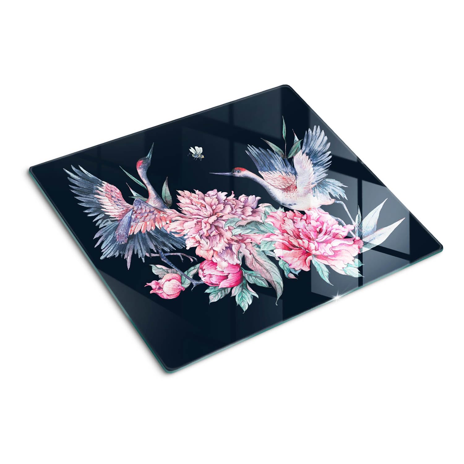 Planche à découper 60x52 cm en verre avec motif grues pivoines