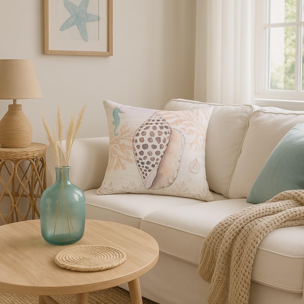 C&F Home Brown Conch Shell w/Seahorse & Coral Indoor/Outdoor Accent Throw Pillow 18" x 18" All Seasons Summer Coastal Beach House Nautical Home Living Room Sofa Couch Chair Bed Bedroom Decor