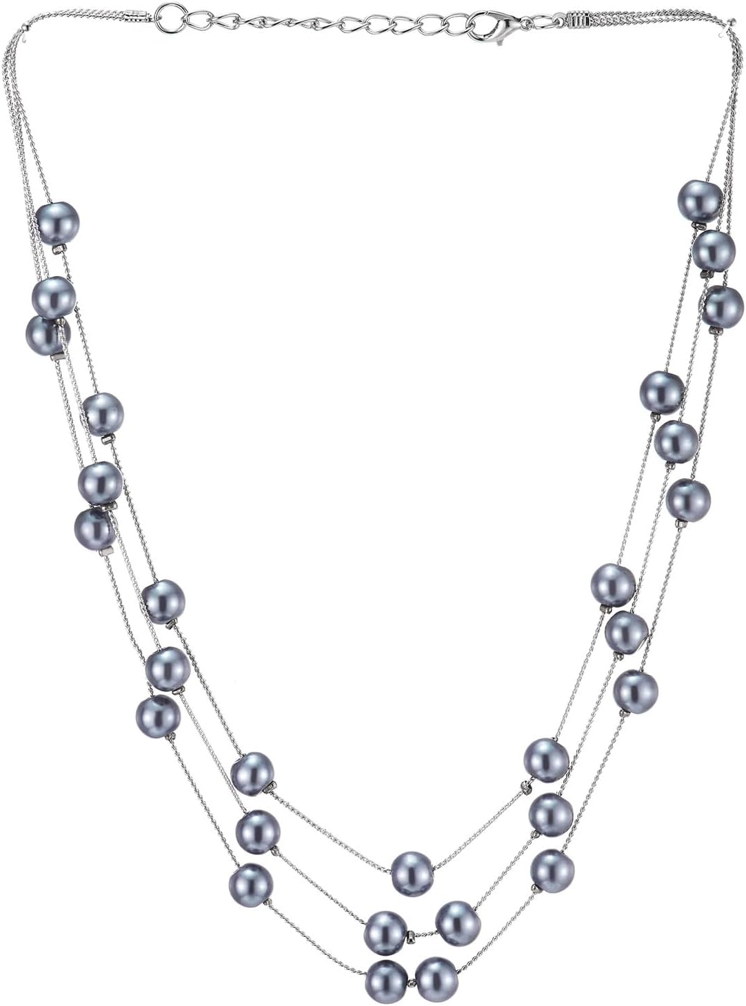 Long Statement Necklace, White Faux Pearl Layered Necklace, Three-Strand Chains with Beads, Elegant Dress