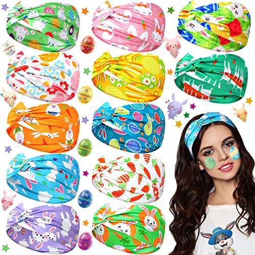 Janinka 12 Pack Easter Headbands for Women Elastic Non Slip Hair Accessories Bulk Easter Headbands Hairband for Women (Bunny Pattern)