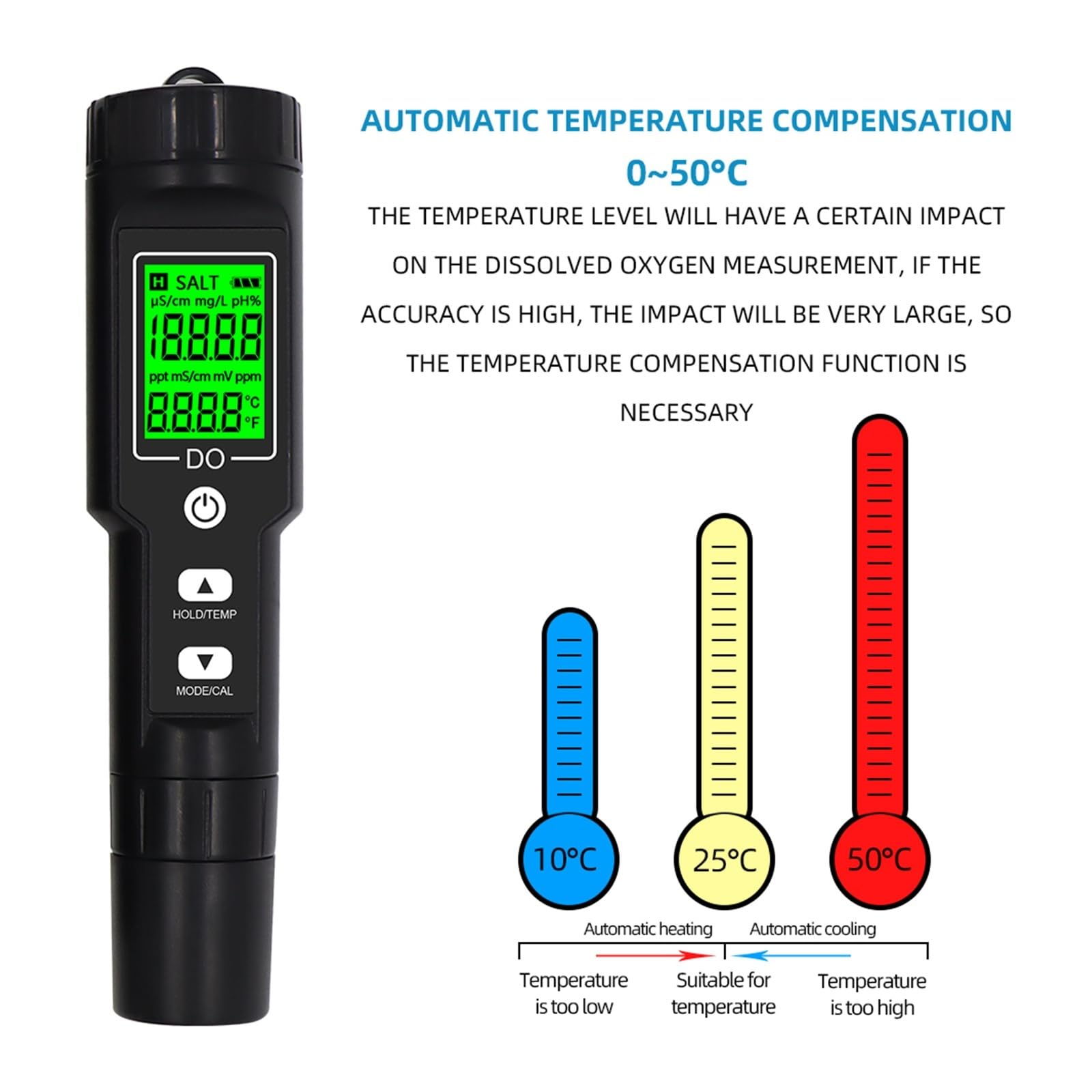 Medidor Digital de disolución (0,0-40,0 l/l), Resistente al Agua, ATC, 0,0-300,0% de oxígeno disuelto, Detector de Calidad del Agua.