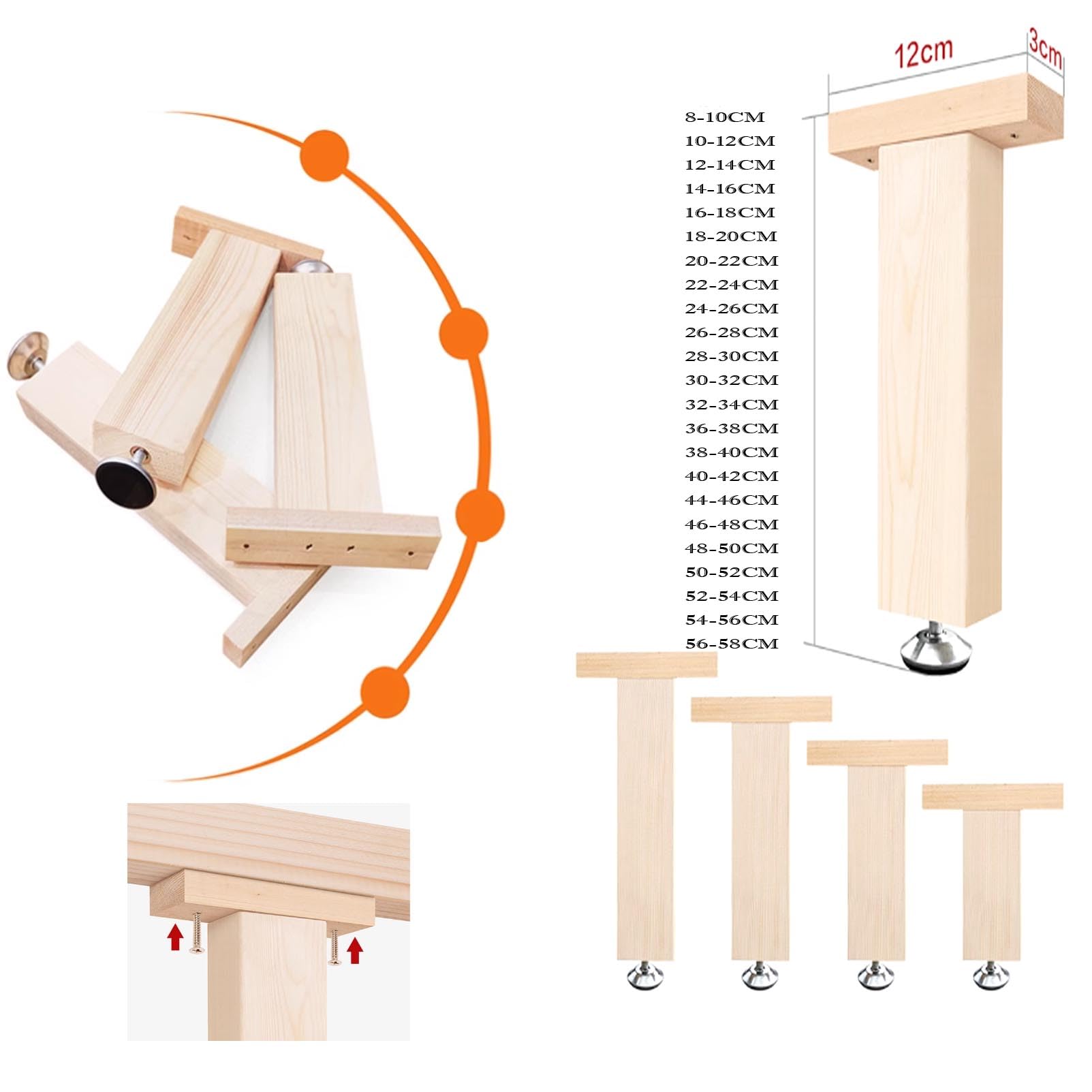 Gambe regolabili in legno – Confezione da 4 gambe in pelliccia per rete a doghe, piedi di supporto per mobili fai da te, gambe di ricambio (8-10 cm) – & accessori da letto eleganti