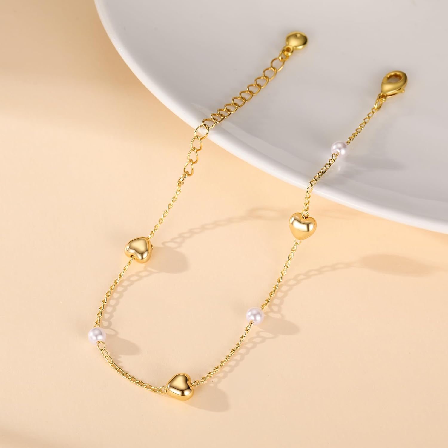Gold Heart Bracelet for Women, 18K Gold Plated Dainty Pearl Bracelet with Heart Charm Valentines Gift for Women - Image 6