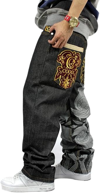 Crazy Mens Hip Hop Embroidery Baggy Jeans Denim Loose Trousers-30