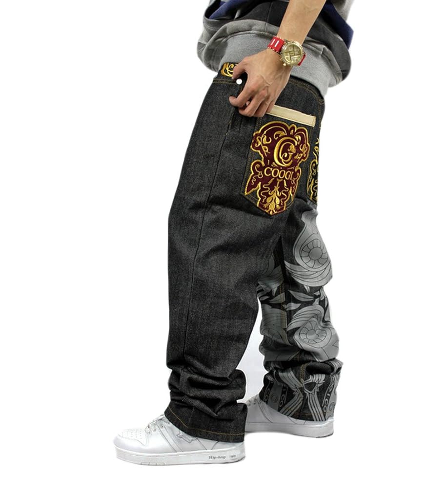 Crazy Men's Hip Hop Embroidery Baggy Jeans Denim Loose