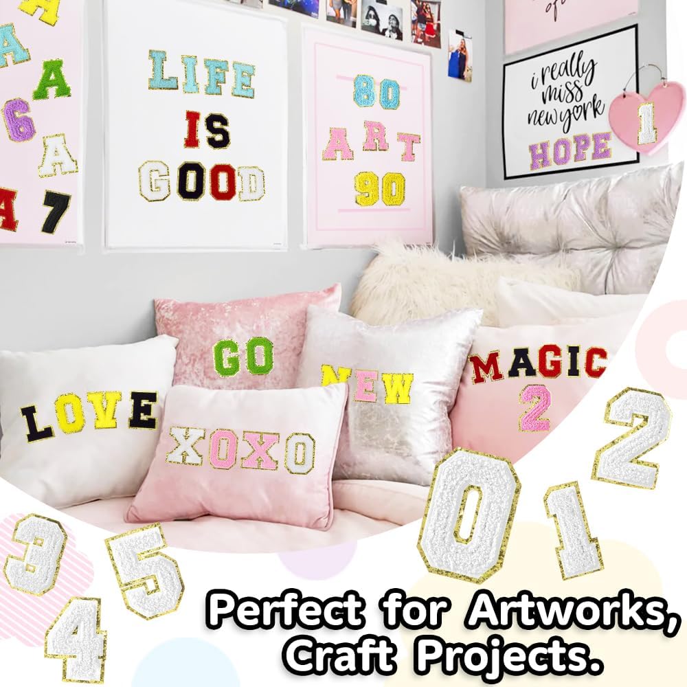 Chenille Number Patches Set 0-9 White Iron On Varsity Applique for Jackets Bags Hats and DIY Decoration 3 Inch 10 Pcs
