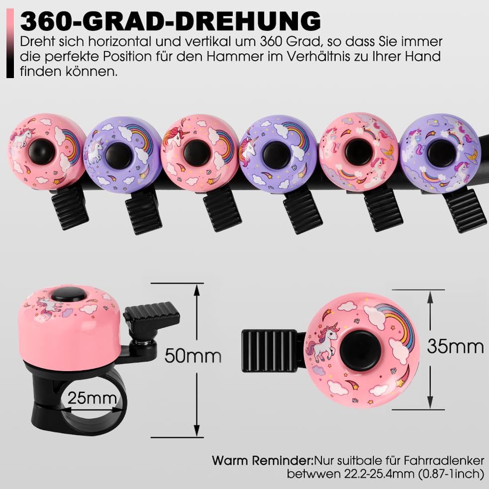Fahrradklingel Kinder - Mini laut Klingel Fahrrad,Einhorn Dino (A Pink/Einhorn) – Ansicht 4