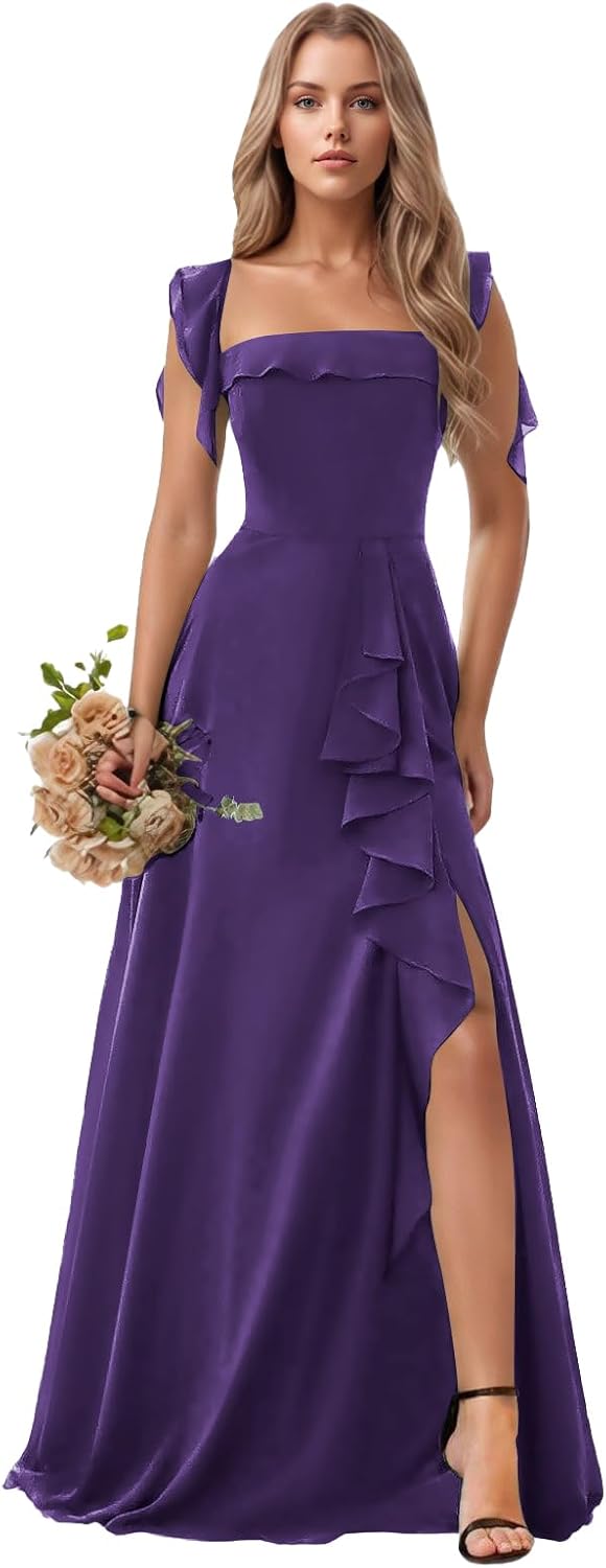 Long Bridesmaid Dresses Ruffle Formal Dresses for Wedding Guest Chiffon Square Neck Evening Dresses with Slit
