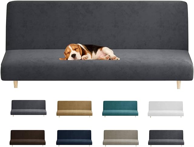 MAXIJIN Velvet Futon Cover Stretch Futon Slip Cover Full Size Futon Mattress Cover Armless Sofa Bed Plush Futon Couch Cover with Elastic Bottom (Futon, Gray)