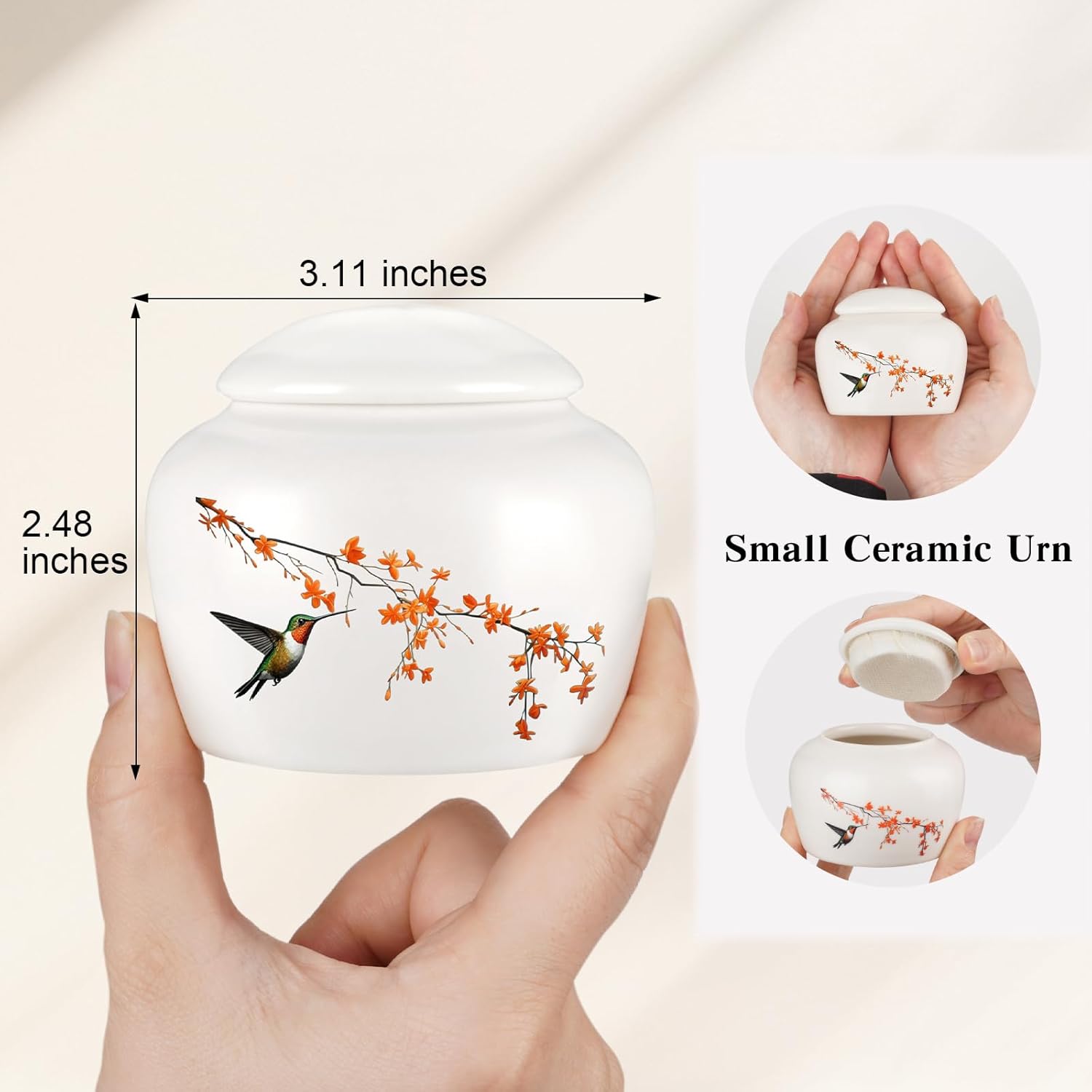 abooxiu Small Urns for Human Ashes Keepsake Mini Cremation Urns for Ashes Ceramic Cremation Keepsakes Memorial Ash Keepsake with Hummingbird and Maple Blossom Decorative Burial Urn for Adult Men Women - Image 2