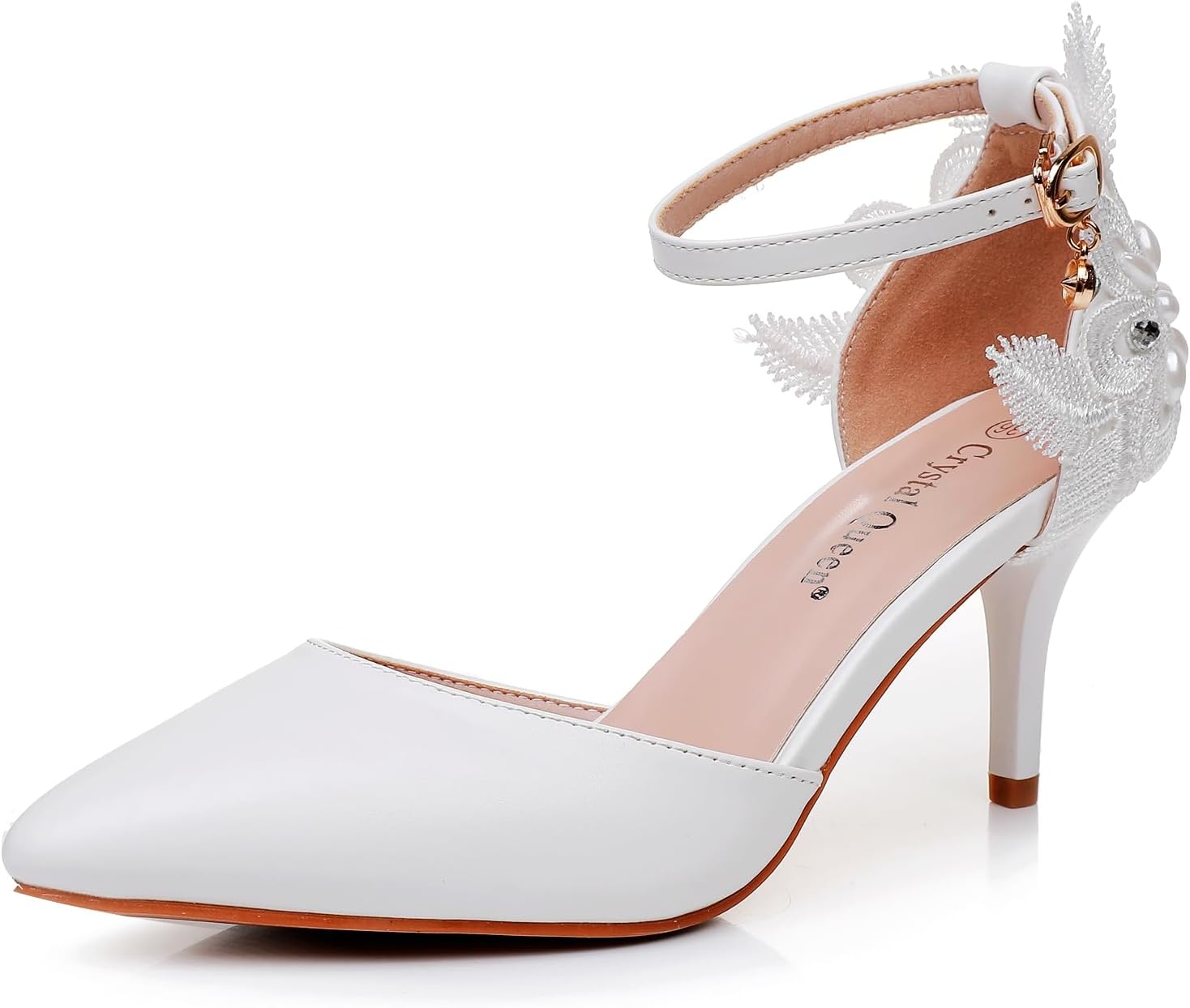 Crystal Queen Women's High Heel Pumps Pointed Closed Toe Sandals White Lace Pearls Strap Stiletto Heels Bridal Wedding Party Shoes