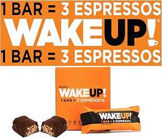 Wake UP! Protein Bars (1 Bar = 3 Espressos) Vegan, Gluten Free Dark Chocolate Energy Bar, 250mg Plant Based Caffeine Power Bar, Kosher Ingredients, Non GMO, Low Sugar, Dairy Free, Egg Free, Soy Free, Rice Crisp Bar to Boost Brain Focus, Clarity, Hours of Sustained Energy Fuel: 6 Pack - Jesse's Wake UP Bars