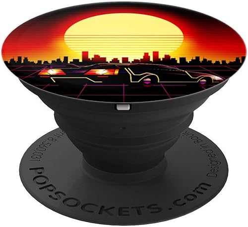 Miniatura 4 de Retro Synthwave Vaporwave 80s Style Design - Coche - Skyline PopSockets agarre y soporte para teléfonos y tabletas, Negro