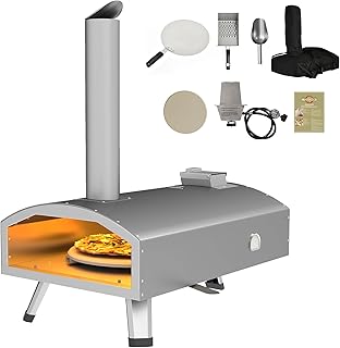 GOOBED Multi-Fuel Outdoor Pizza Oven with Rotating, 12" Portable Dual-Fuel Pizza Oven with Built-in Thermometer, Peel, Stone, Carry Cover, Recipes for Backyard Camp, Silver
