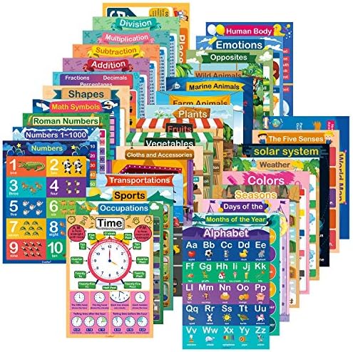 35 Pcs Educational Posters for Preschoolers, Toddlers 11.7 x 16.5 inches Waterproof All-in-One Educational Charts n Posters Set for Classroom & Homeschool 1st, 2nd, 3rd, 4th & 5th Grade