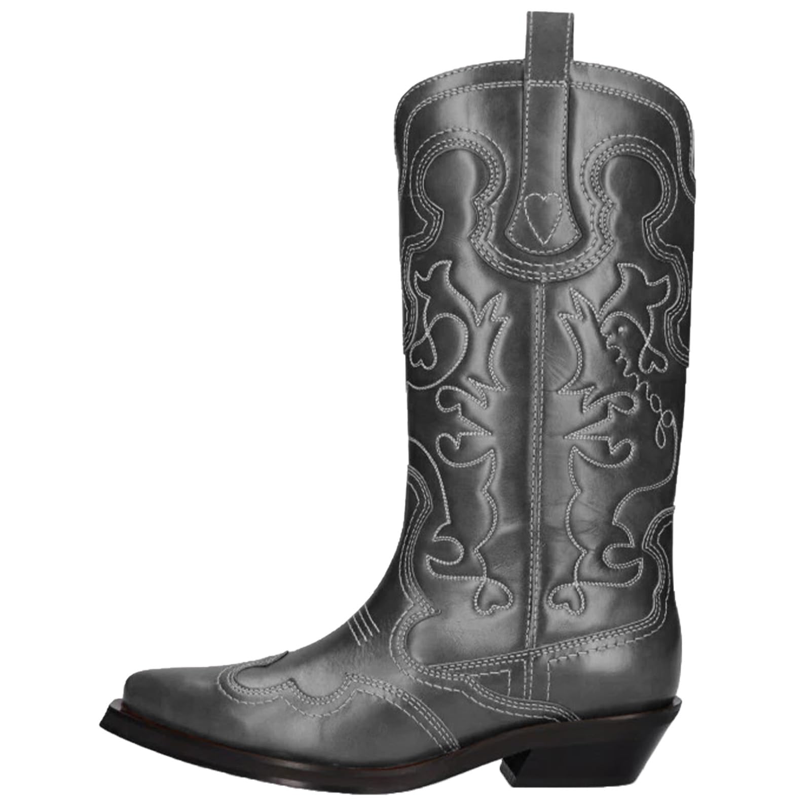 Embroidery Western Boots For Women womens Leather Mid Calf Boots Pointed Toe Chunky Low Heel Cowboy Boots