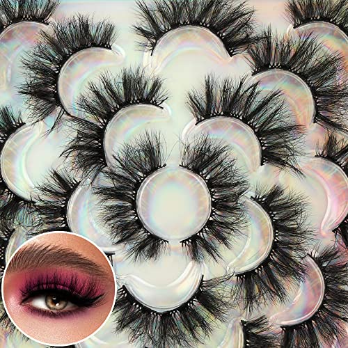 False Eyelashes 20mm Long 6D Fluttery Cat Eye Mink Lashes Faux Crisscrossed Fluffy Eyelashes Dramatic Wavy Wispy Lashes Bulk Volume 10 Pairs Strip Fake Lashes Sets Pack Zenotti