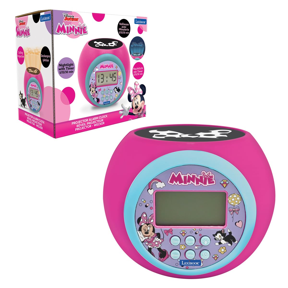 LEXIBOOK, Disney Minnie, Alarm clock-projector with alarm and snooze function, nightlight with timer, LCD screen, battery-operated, Pink, RL977MNLXB