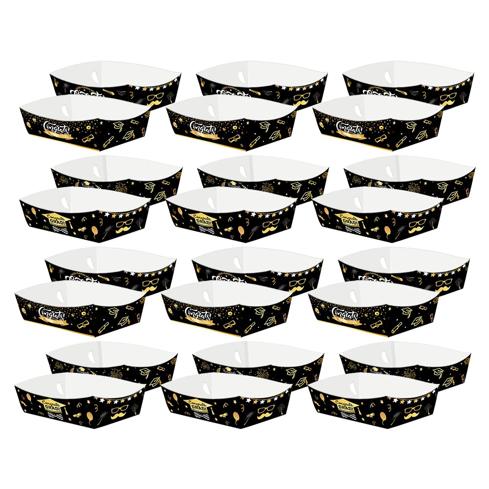 LOGOFUN 24PCS Graduation Party Food Serving Boats Paper Snack Trays for Fries Chicken Mozzarella Sticks Grad Celebration Supplies - 4 Patterns