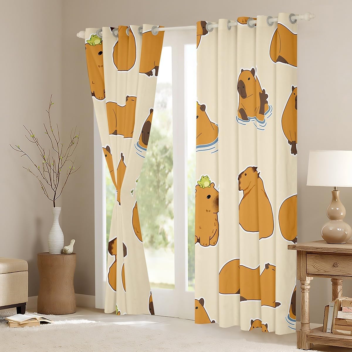 Cute Capybara Kids Curtains for Bedroom Brown Capybaras Window Curtains Living Room for Boys Girls Beige Toddler Kawaii Green Frog Window Dreapes Funny Animals Window Treatments，42x90 Inches,2 Panels image 3