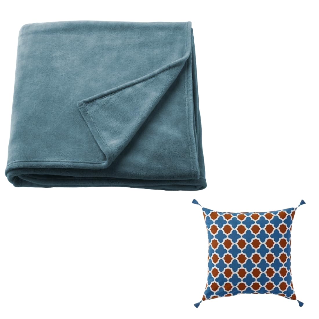 Ikea TRATTVIVA Bedspread 230x250 Dark Grey- Blue with INGVEIG Cushion Cover, Geometric/Brown blue/white50x50 cm-image-0